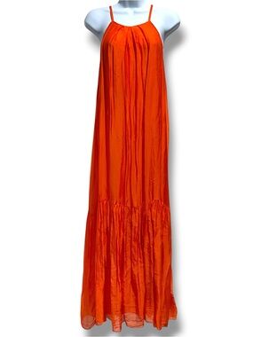 FRNCH Silk Blend Maxi Dress Halter Neckline Open Back Orange Women’s Size S